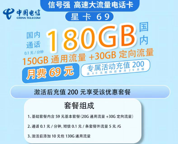 電信星卡的流量多嗎？69元流量星卡套餐寶150G通用流量+30G定向|超級劃算